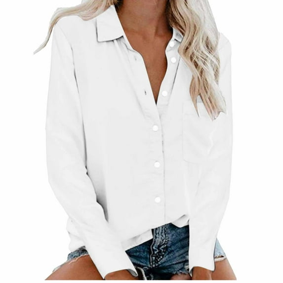 Solid Color Long Sleeve Shirts for Women Lapel Button Blouse with Pockets Trendy Casual Loose-Fit Tops