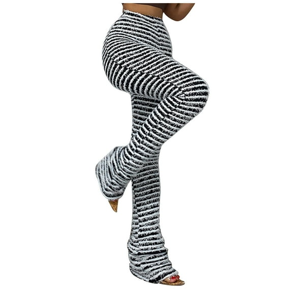 Stacked Leggings for Women High Waist Striped Knit Skinny Pants Trendy Butt Lifting Trousers Winter Slim Fit Casual Pants