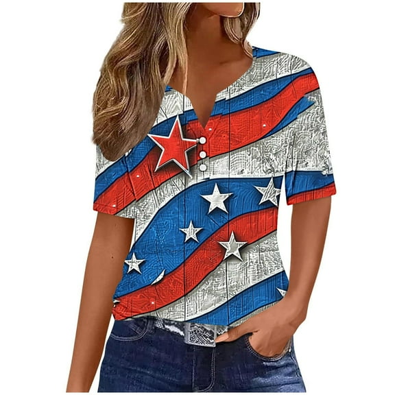 Summer Womens 4Th of July Summer Tops Usa Flag Star Stripe T Shirts Pullover Sweater Blouses Henley Neck Tee Front Button Down Tunic Tee Short Sleeve Tops Beach Holiday Clothes