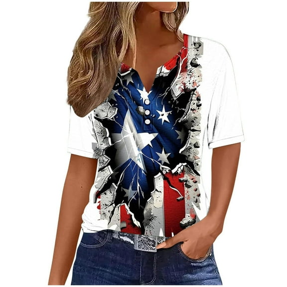 Summer Womens 4Th of July Summer Tops Usa Flag Star Stripe T Shirts Pullover Sweater Blouses Henley Neck Tee Front Button Down Tunic Tee Short Sleeve Tops Beach Holiday Clothes