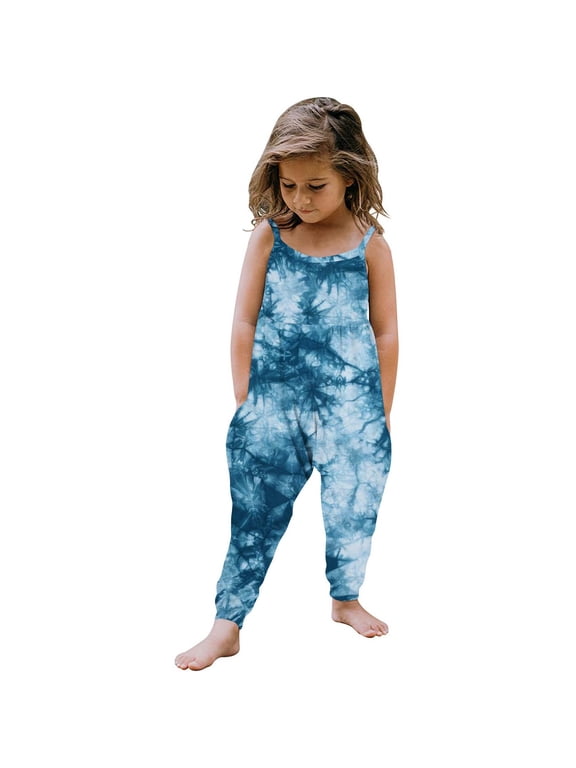 Toddler Baby Girl One Piece Jumpsuit Sleeveless Strap Tie Dye Rompers Summer Outfits with Pockets (5-6 Years, Blue-A)