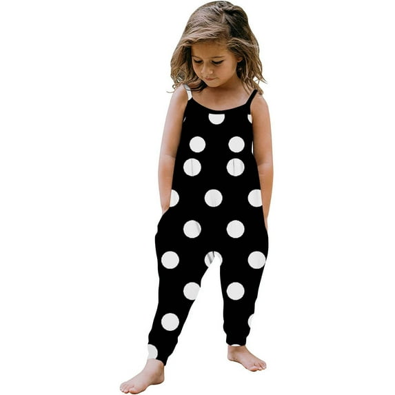 Toddler Baby Girls One Piece Jumpsuits Sleeveless Strap Polka Dot Rompers Summer Outfits with Pockets (1-2 Years, Black)