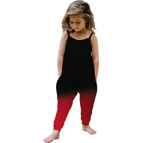 Toddler Girl Cute One Piece Jumpsuits Sleeveless Strap Gradient Rompers Summer Outfits with Pockets (2-3 Years, Black/Red)
