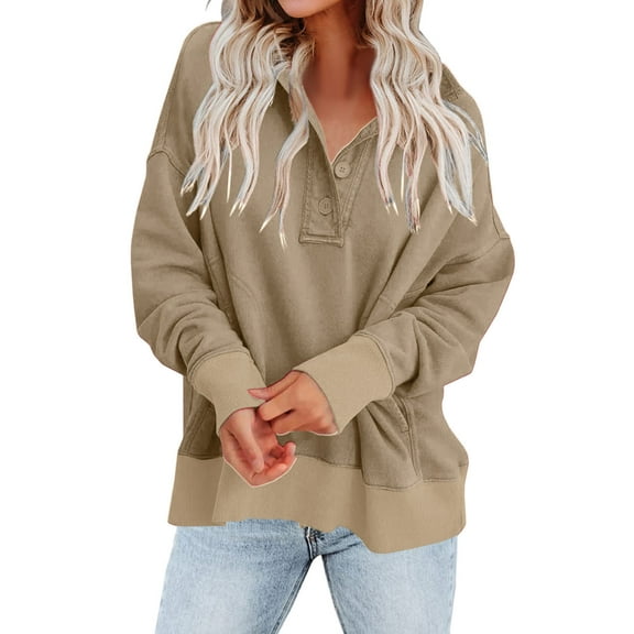 Trendy Long Batwing Sleeve Button Lapel V Neck Casual Loose Solid Tops Women's Cozy Pullover Shirts Khaki,XL