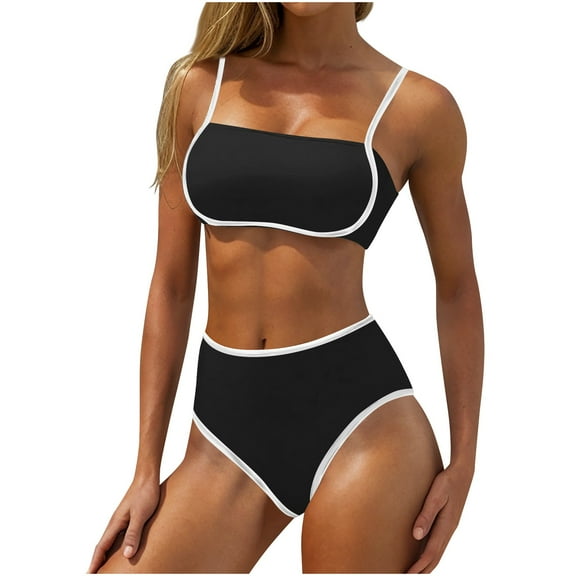 UTSJKR 2025 Women's High Waisted Bikini Sets Two Piece Swimsuit Color Block High Cut Bathing Suits Beach Fashion Black XL