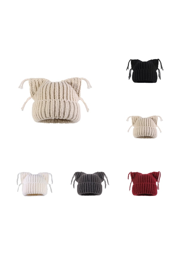 Adult Knit Beanie Hat, Winter Cat Ears Hat Warm Ribbed Cable Knitted Fleece Lined Ski Skull Hat for Teen Girls Women Black