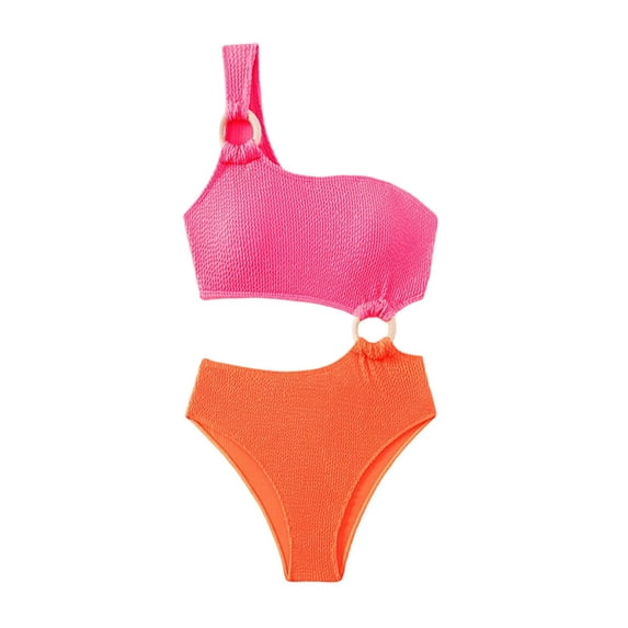 UTSJKR Cut Out One Piece Swimsuit for Women O-Ring One Shoulder Tummy Control Padded Swimwear Colorblock Bathing Suit Pink L