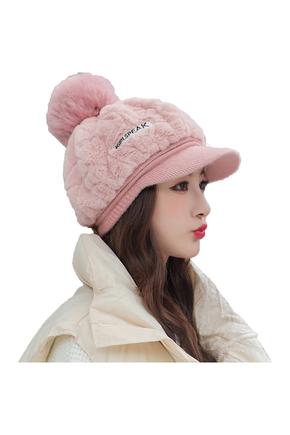 Faux Fur Trendysboy Beret Cap for Women Winter Hat with Visor Bill Stylish Plush Cloche Trendy Painter Hats with Pom Pink