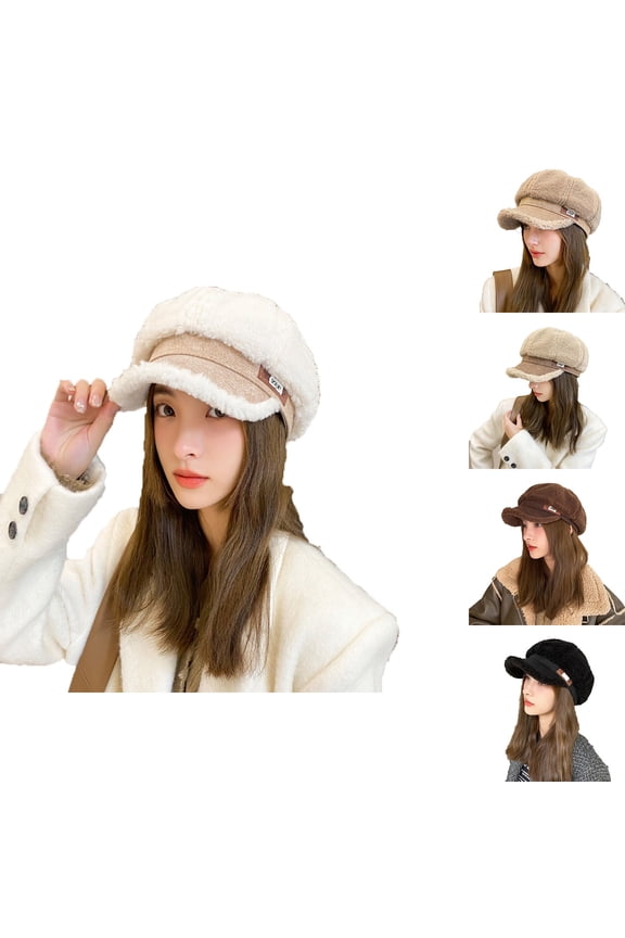Fuzzy Trendysboy Cap for Women Faux Fur Warm Winter Hat Trendy Fluffy Octagonal Hat Outdoor Plush Berets Hat Black