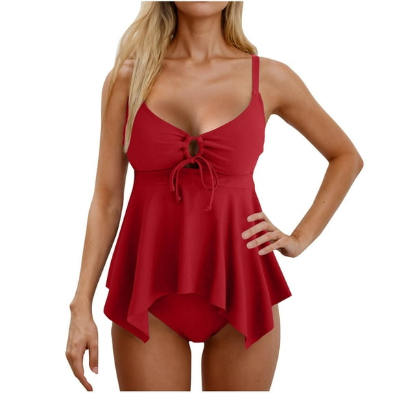 UTSJKR Tankini Swimsuit for Women Tummy Control Two Piece Bathing Suit V Neck Flowy Swimwear Top with Bottom Red XL