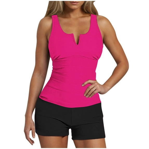 Savings UTSJKR Two Piece Tankini Swimsuits for Women Notch Neck Athletic Two Side Pockets Swimwear Tummy Control Bathing Suit with Shorts Hot Pink XL
