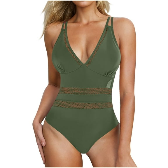 UTSJKR Women One Piece Swimsuit Sexy V Neck Bathing Suits Tummy Control Swimsuits Mesh Hollow Out Swimwear Green XL
