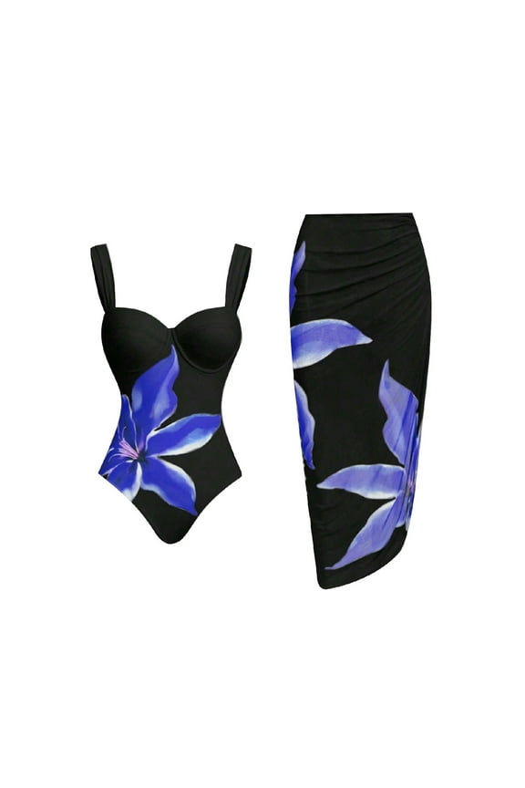 Women's Floral Print One Piece Control Swimsuit Monokini with Cover Up Beach Skirts Swimwear Two-piece Sports Swim Sets Blue XL