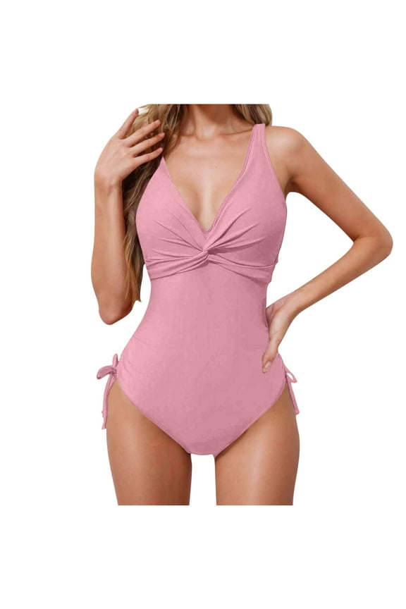 Women's One Piece Swimsuits 2025 Tummy Control Bathing Suits Push Up V Neck Swimwear with Twist Tummy Control Ruched Bikini with Side Ties Pink XL
