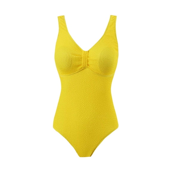 UTSJKR Women's One Piece Swimsuits Ribbed Textured Swimwear V Neck Push Up Bathing Suit Pool Party Outfits Yellow L