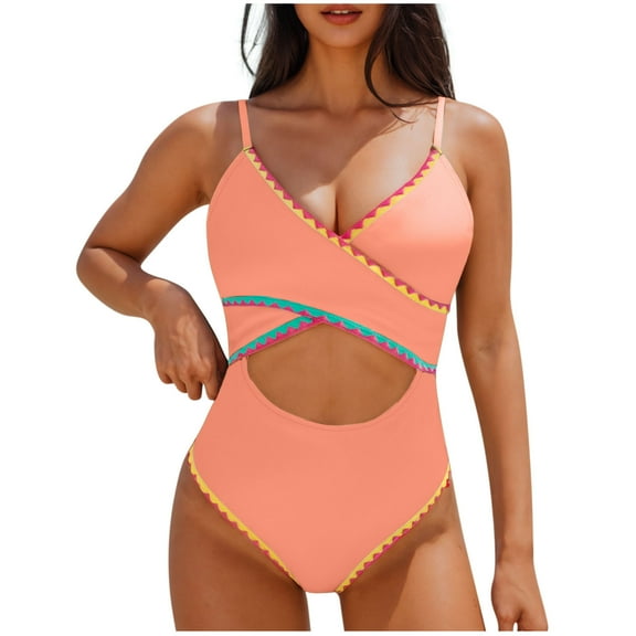 UTSJKR Women's One Piece Swimsuits Tummy Control Cutout High Waisted Bathing Suit Wrap Tie Back Color Block Backless Swimwear Orange XL