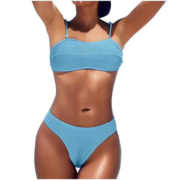 UTSJKR Women's Ribbed Bikini Sets Scoop Neck Solid Cheeky Swimsuit Tied Straps Textured Two Piece Bathing Suit Light Blue M