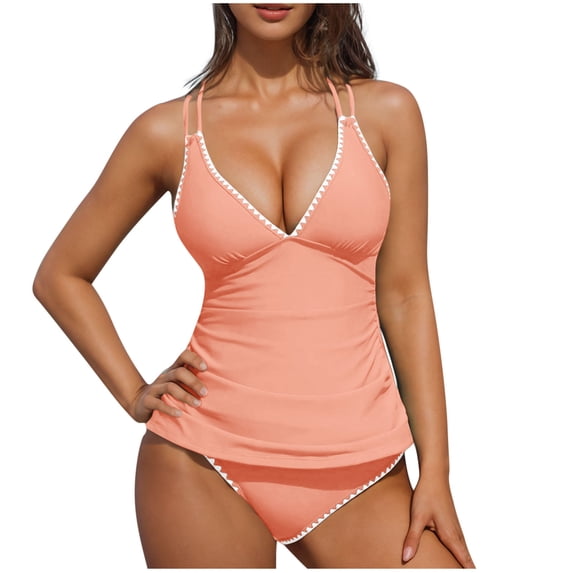 UTSJKR Womens 2 Piece Tankini Swimsuits V Neck Push Up Swim Top Color Block Tummy Control High Waisted Bathing Suits Swim Bottom Orange M