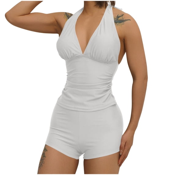 UTSJKR Womens Halter Tankini Bathing Suits Tummy Control Swimsuit Side Ruched Sexy V Neck Backless Simwear with Boy Shorts White M