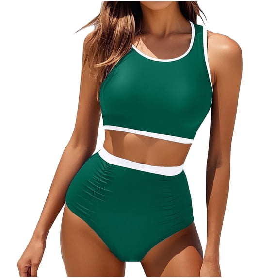 UTSJKR Womens High Waisted Bikini Set Two Piece Swimsuit High Neck Tops Bathing Suit Full Coverage Tummy Control Tankini Green XL