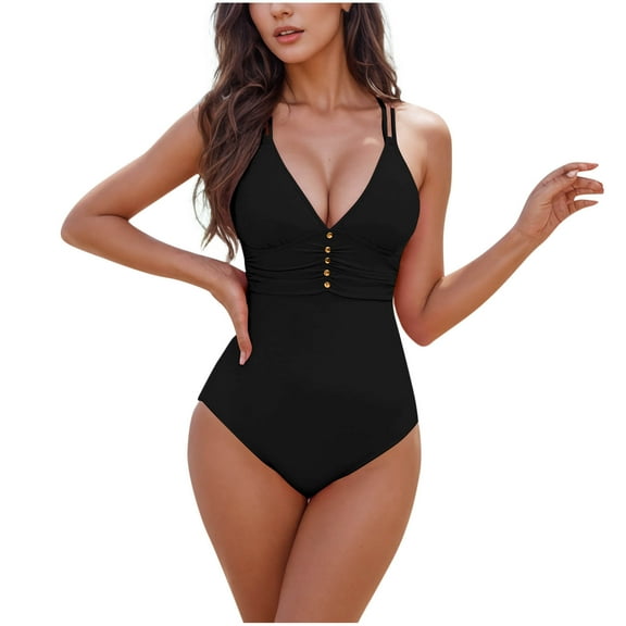 UTSJKR Womens One Piece Swimsuits V Neck Bathing Suit Tummy Control Double Straps Adjustable Crisscross Back Monokini Black S