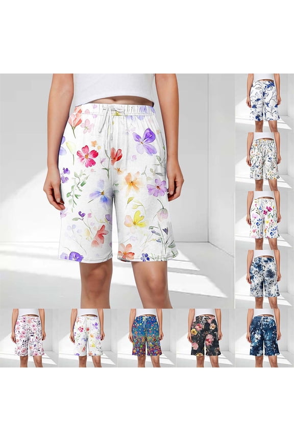 Summer Fatuov Bermuda Shorts for Women with Pocket Elastic Waist Drawstring Summer Lounge Shorts Floral Print Shorts Multicolor, Size L