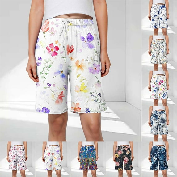 Summer Fatuov Bermuda Shorts for Women with Pocket Elastic Waist Drawstring Summer Lounge Shorts Floral Print Shorts Multicolor, Size S