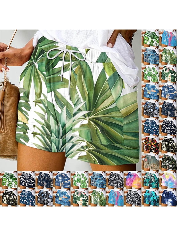 Summer Fatuov Women's Summer Shorts with Pocket Floral Print Shorts Drawstring Casual Shorts Multicolor, Size L
