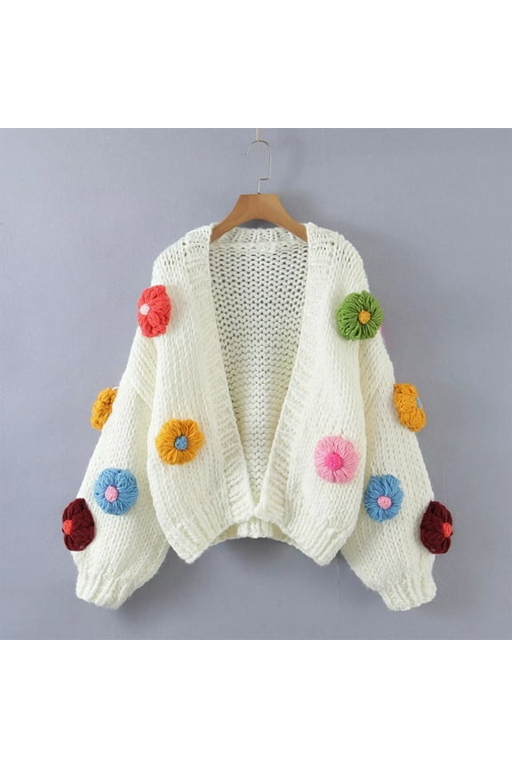 Women's Solid Color Flower Lantern Sleeve Knitted Cardigan Thick Sweater Jacket Ndbuld,White,Free Size