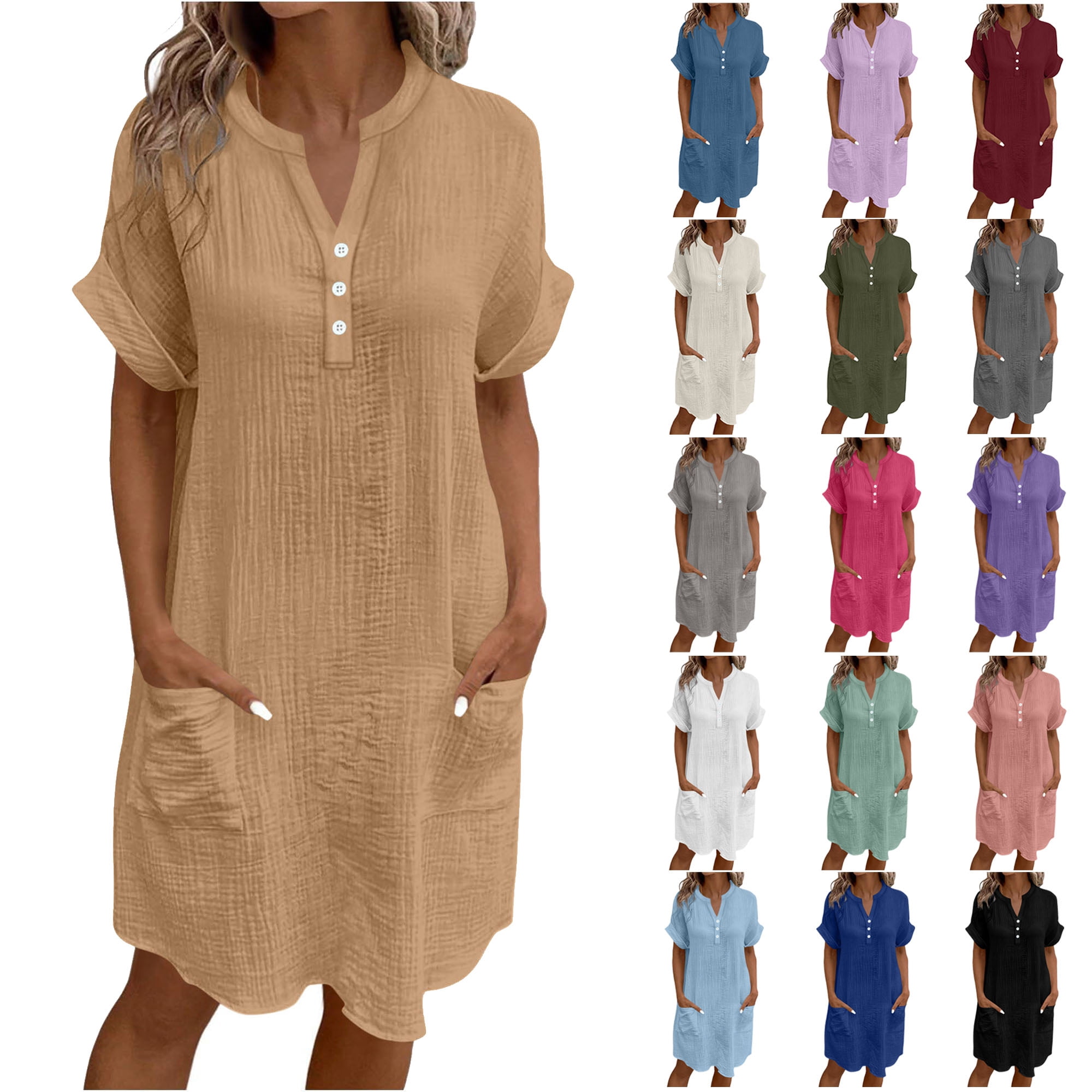 casual dresses for women over 30 Women's Summer Dress Casual Midi Short Sleeve Button Down Shirt Dresses Loose Beach Cover Up with Pockets,Khaki ,Size M