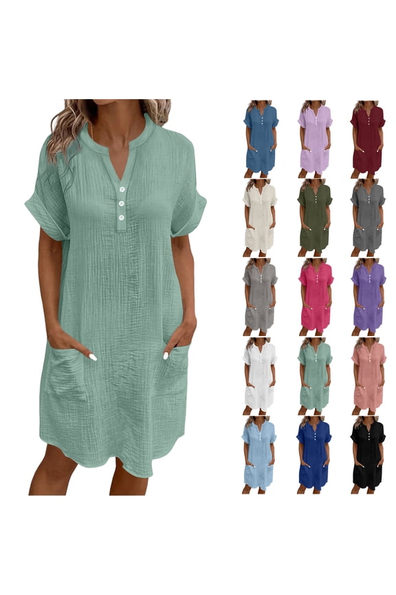 Women's Summer Dress Casual Midi Short Sleeve Button Down Shirt Dresses Loose Beach Cover Up with Pockets,Mint Green ,Size XL