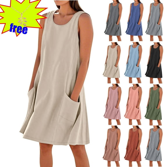 Savings Up to 30% off!Women's Summer Dresses Solid Color Casual Sleeveless Linen Loose Fitting Midi Dress With Pockets Khaki,Size S-XXXL