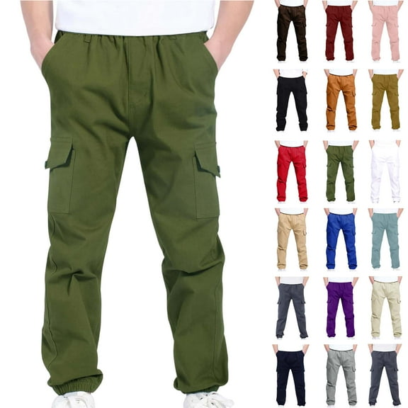 4-13Years Boys And Girls Childrens Sports Cargo Pants Stretch Elastic Waist School Kids Twill Joggers Army Green 7 Years