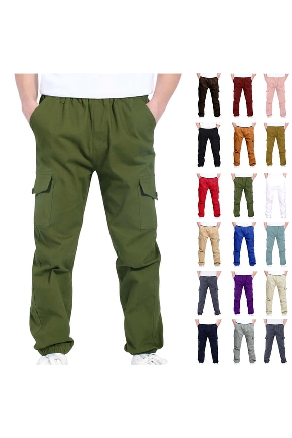 4-13Years Boys And Girls Childrens Sports Cargo Pants Stretch Elastic Waist School Kids Twill Joggers Army Green 7 Years