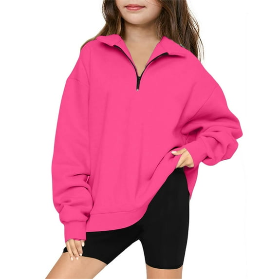 Savings Up to 50% off 5-14 Years Middle Big Girls Half Zip V-neck Sweatshirt Long Sleeve Pullover Tops Kids Fleece Sweatshirts Hot Pink 7 Years