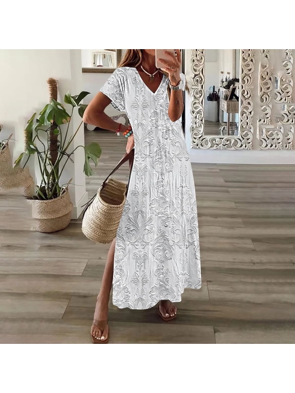 Womens Summer Dresses Womens Spring And Summer V-Neck Solid Casual Short Sleeved Long Dress