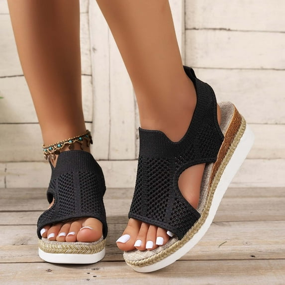 Women's Sandals Summer Big Size New Flying Woven Fish Mouth Beach Sandals Mesh Cloth Breathable Wedge Shoes