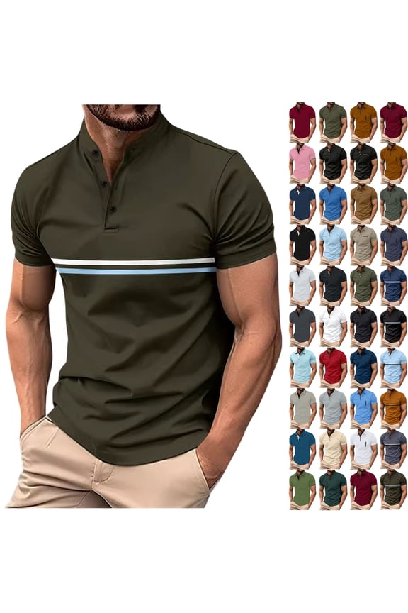 Mens Clothes, Men Solid Color Casual Fashion Button Round Neck Short Sleeve T-shirt Top S, Army Green