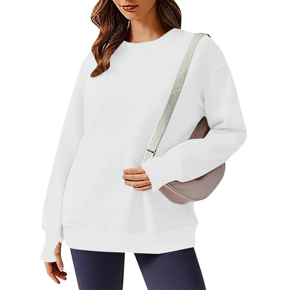 Savings Up to 50% off Women's Ladies' Fashionable Casual Solid Color Long Sleeved Round Neck Sweatshirt with Pocket White L