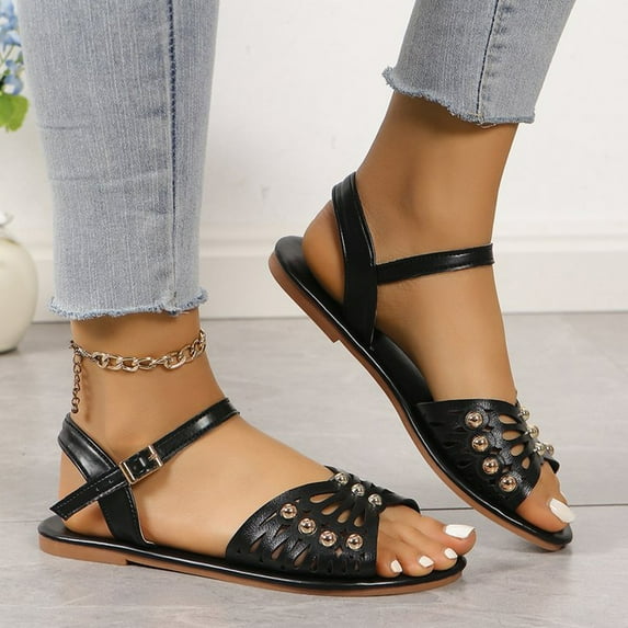 Savings Up to 50% off Women's Sandals Large Size Hollowed Out Flat Bottom Buckle Sandals Ethnic Style Nails External Wear Lightweight Beach Sandals