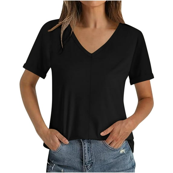 V Neck Shirts for Women Casual Roll Short Sleeve Solid Color Blouses Pullover Lightweight Summer Tee (2XL, Black)