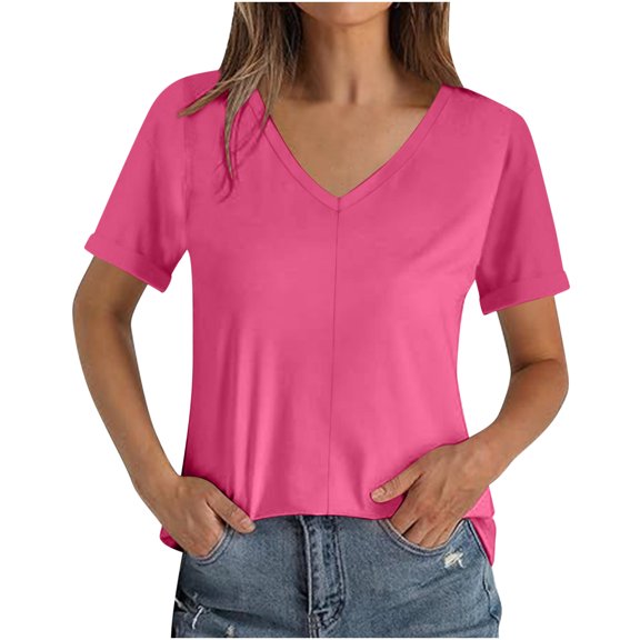 V Neck Shirts for Women Casual Roll Short Sleeve Solid Color Blouses Pullover Lightweight Summer Tee (S, Pink)