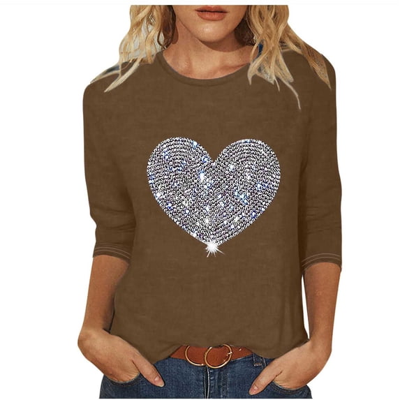 Valentine's Day 3/4 Sleeve Round Neck Shirts Women Casual Cute Heart Print Tee Plus Size Pullover Tops (2XL, Brown)