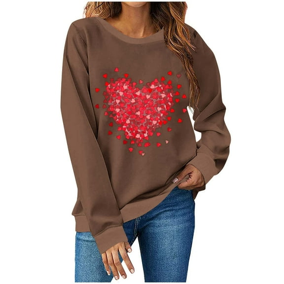 Valentine's Day Long Sleeve Round Neck Shirts Women Casual Cute Heart Print Tee Pullover Tops Sweatshirts (2XL, Brown)