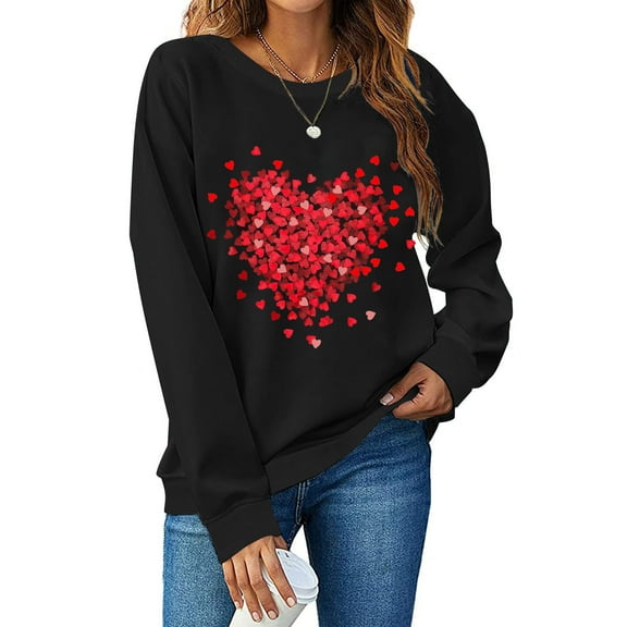 Valentine's Day Long Sleeve Round Neck Shirts Women Casual Cute Heart Print Tee Pullover Tops Sweatshirts (XL, Black)