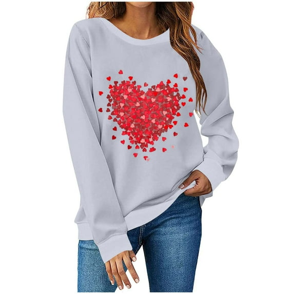 Valentine's Day Long Sleeve Round Neck Shirts Women Casual Cute Heart Print Tee Pullover Tops Sweatshirts (XL, Light Gray)