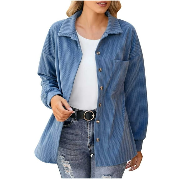 Waffle Knit Jackets for Women Trendy Fall Casual Button Down Long Sleeve Shirt Outerwear Coat with Pocket (3XL, Blue)