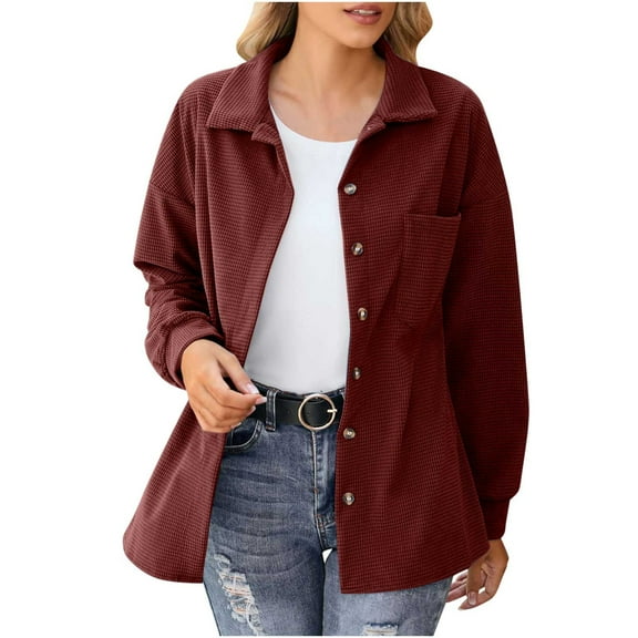 Waffle Knit Jackets for Women Trendy Fall Casual Button Down Long Sleeve Shirt Outerwear Coat with Pocket (XL, Red)