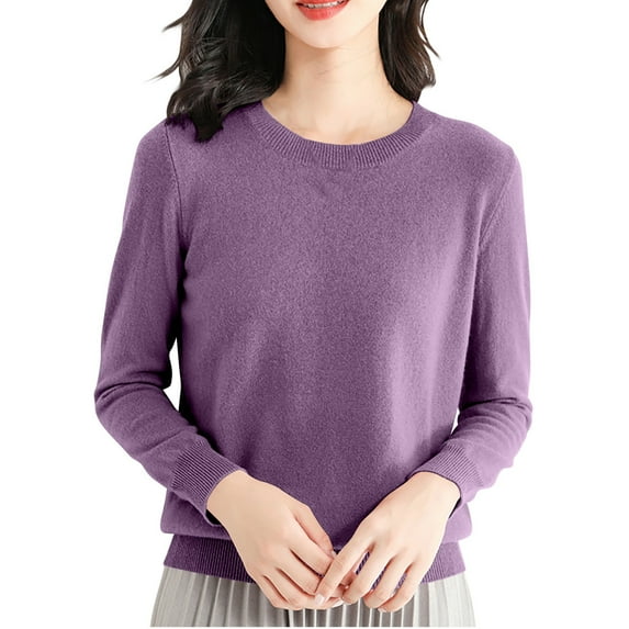 Women Crewneck Long Sleeve T-Shirts Solid Color Pullover Basic Shirts Casual Cozy Blouses Tee (M, Purple)