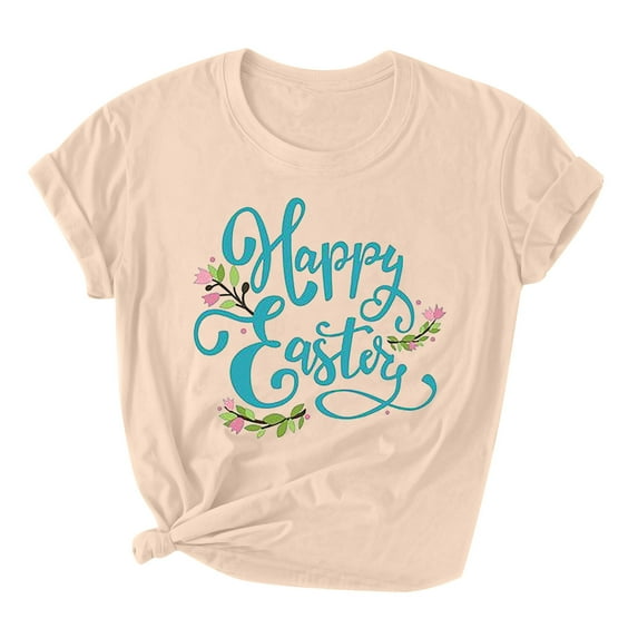 Women Easter Short Sleeve Round Neck Shirts Casual Cute Print Tee Summer Lightweight Pullover Tops (S, A Beige)